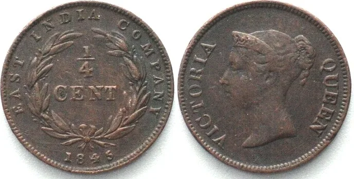 1845 STRAITS SETTLEMENTS 1/4 Cent 1845 VICTORIA copper VF-XF VF-EF