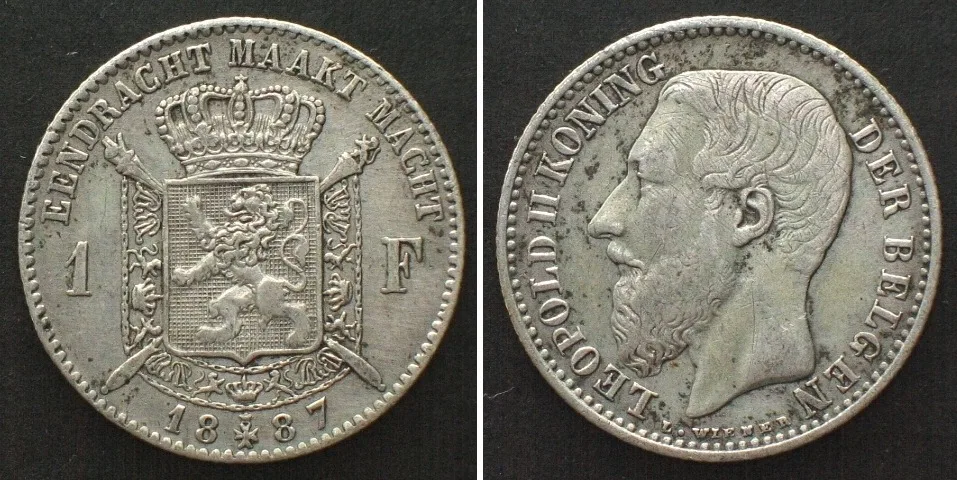 1887 BELGIUM. 1 Franc 1887, LEOPOLD II, silver AU!