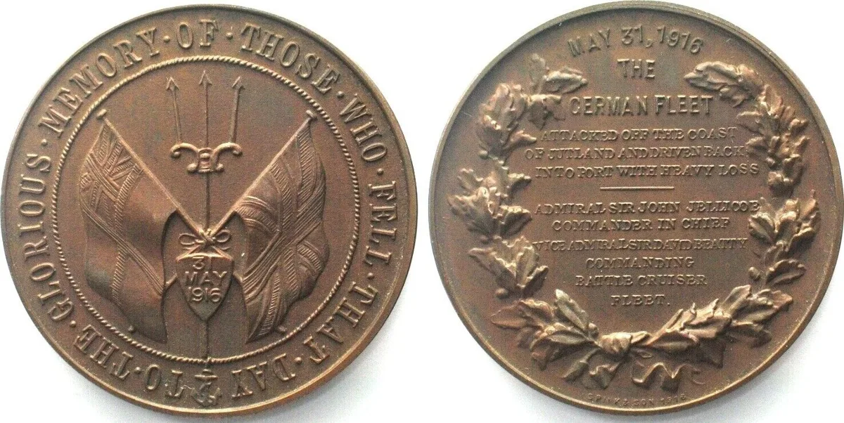 1916 GREAT BRITAIN. 1916 Battle of Jutland Medal. Bronze, 45mm, RARE! UNC