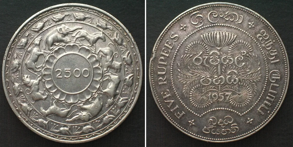 1957 CEYLON 5 Rupees 1957, 2500 YEARS OF BUDDHISM silver XF EF