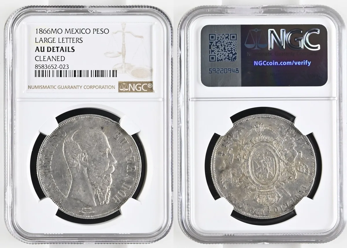 PESO 1866MO MEXICO - EMPIRE OF MAXIMILIAN. 1 Peso 1866 Mo, MAXIMILIANO silver AU! NGC AU DETAILS