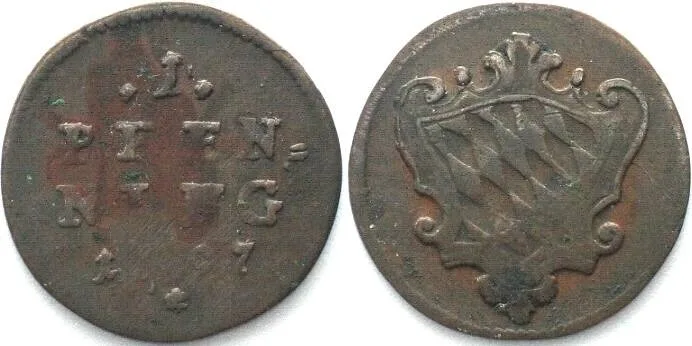1797 German States BAVARIA Pfennig 1797, KARL THEODOR, copper VF+