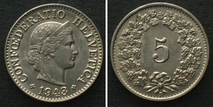 1943 SWITZERLAND 5 Rappen 1943 Cu-Ni UNC!