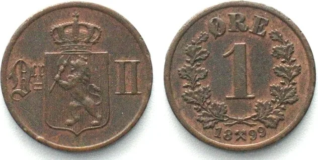 1899 NORWAY 1 Ore 1899, OSCAR II, bronze AU!