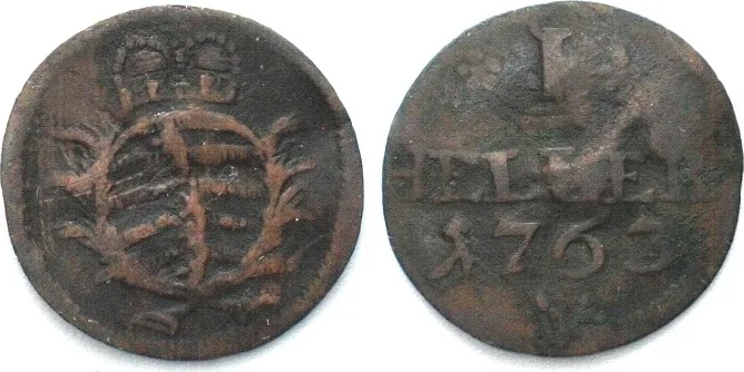 1763 German States SAXE-HILDBURGHAUSEN Heller 1763 ERNST FRIEDRICH KARL copper VF