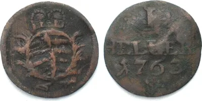 1763 German States SAXE-HILDBURGHAUSEN Heller 1763 ERNST FRIEDRICH KARL copper VF