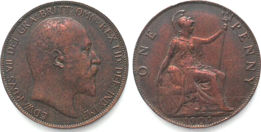 1907 GREAT BRITAIN Penny 1907 EDWARD VII bronze AU!