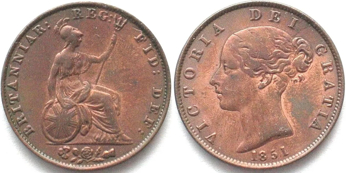 1851 GREAT BRITAIN. Halfpenny 1851 Dots on Shield, VICTORIA, copper SCARCE DATE! XF! EF