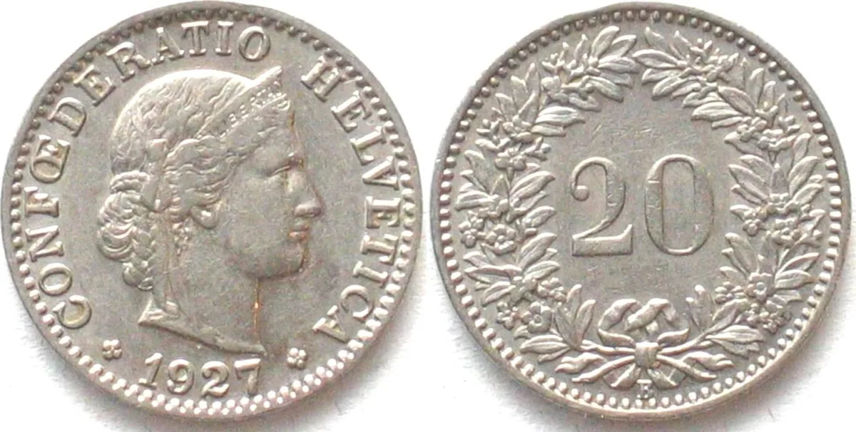 1927 SWITZERLAND 20 Rappen 1927 nickel XF! EF