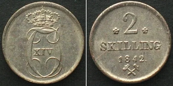 1842 NORWAY. 2 Skilling 1842, CARL XIV JOHAN, silver UNC!!!