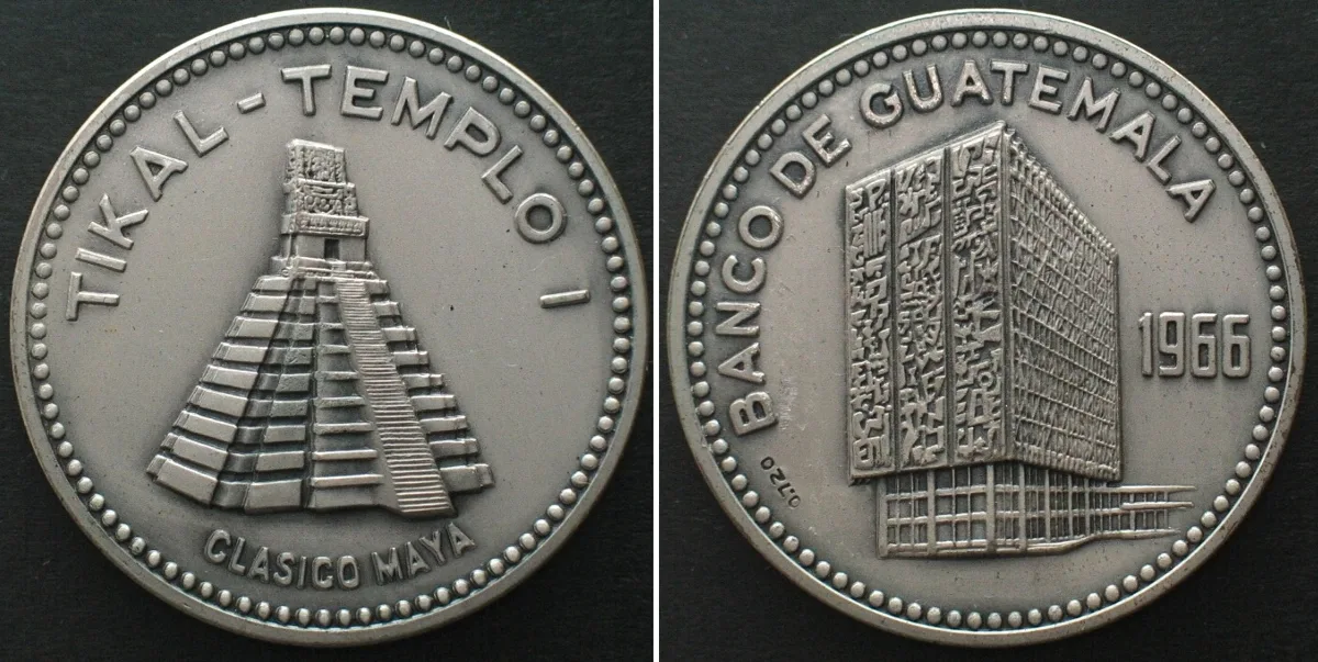 1966 GUATEMALA Medal 1966, Mayan Tikal Temple BANCO DE GUATEMALA silver 39mm UNC-