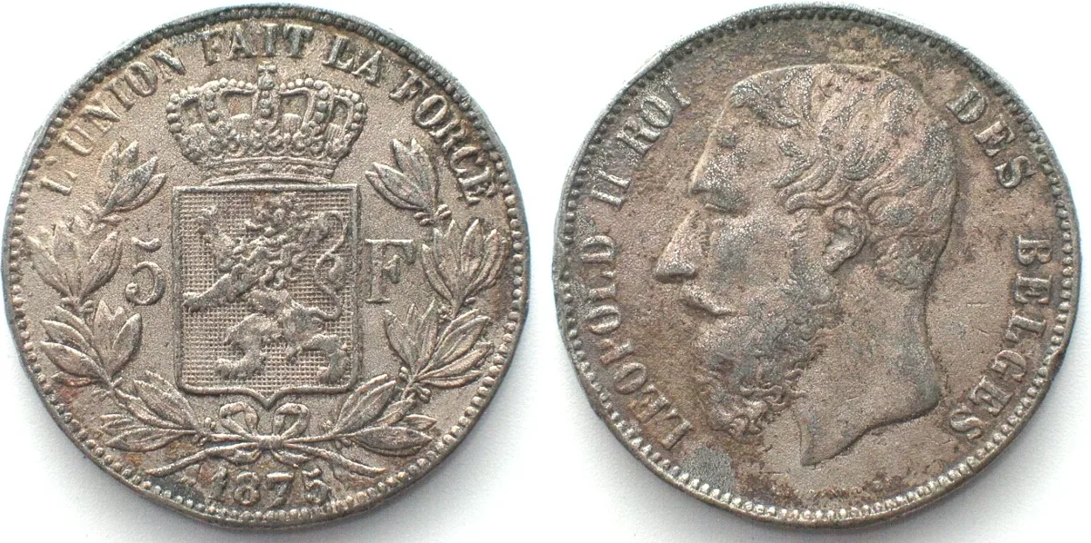 1875 BELGIUM 5 Francs 1875, LEOPOLD II, Contemporary counterfeit, lead/tin alloy EF