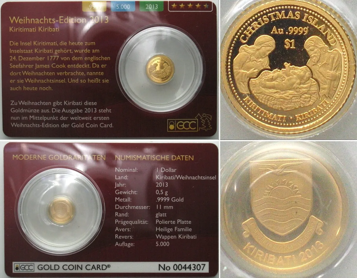 2013 KIRIBATI. 1 Dollar 2013, Christmas, gold, Proof, SCARCE! Proof