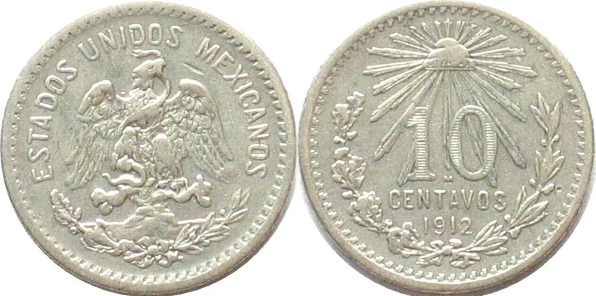 1912 MEXICO. 10 Centavos 1912, low 2, scarce date! silver, XF EF