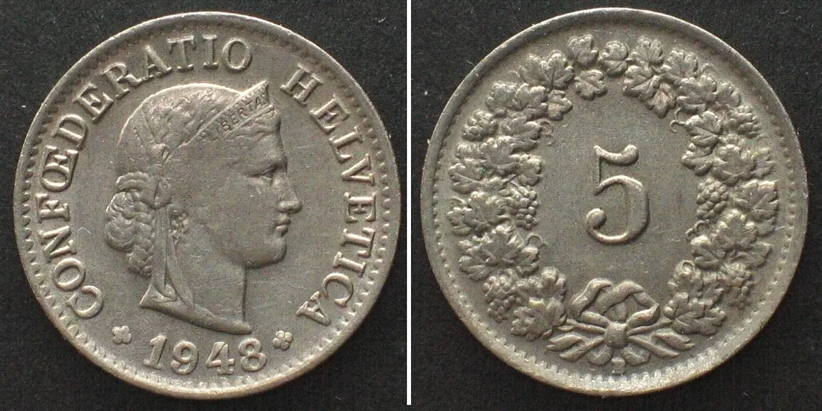 1948 SWITZERLAND 5 Rappen 1948 Cu-Ni STRUCK THRU MINT ERROR AU