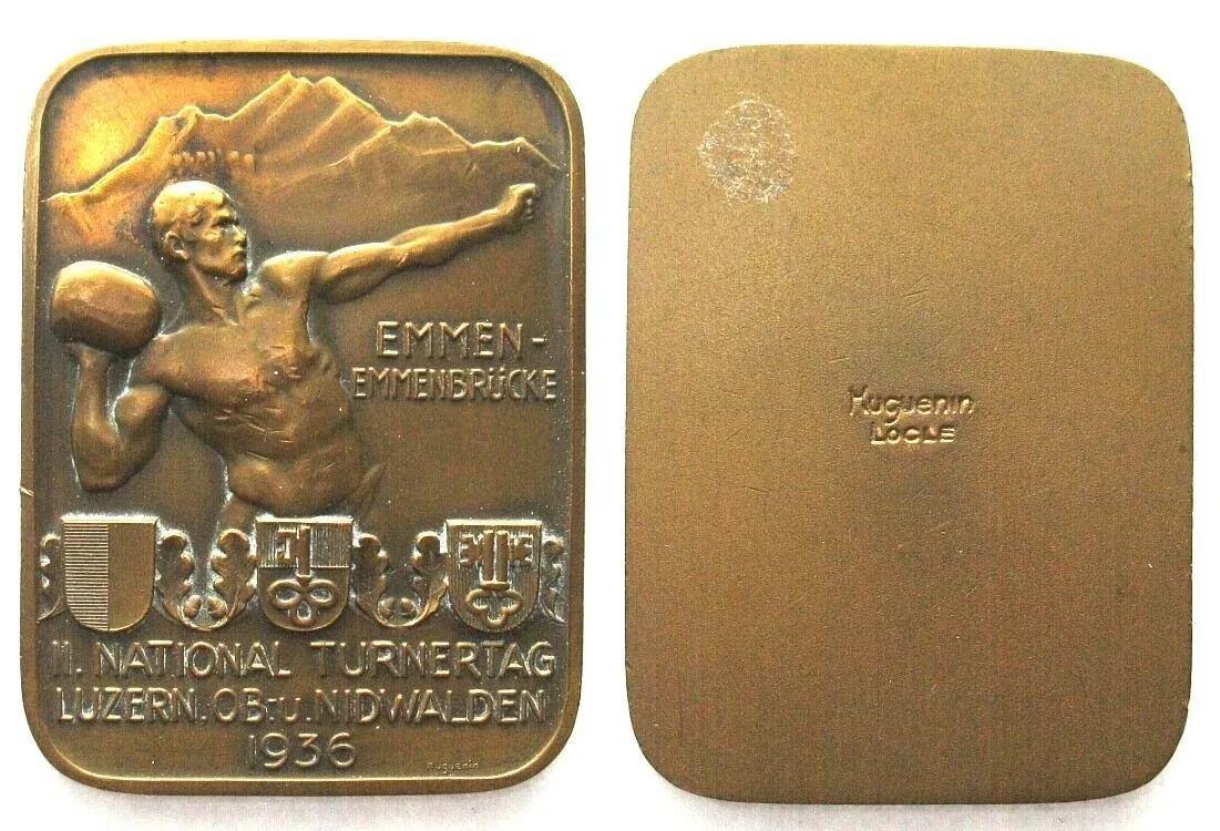 1936 2ND NATIONAL GYMNASTIC FESTIVAL OBWALDEN NIDWALDEN 1936 plaque bronze 45x61mm AU
