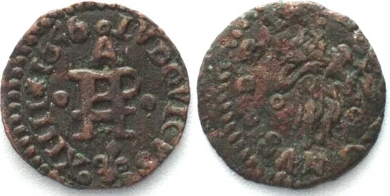 1646 Spain PERPIGNAN French Occupation. Menut 1646, LOUIS XIV, copper XF! EF