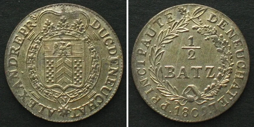 1809 Swiss Cantons NEUCHATEL 1/2 Batzen 1809 ALEXANDRE BERTHIER billon BU!!!