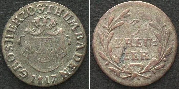 1817 German States BADEN 3 Kreuzer 1817 CARL LUDWIG FRIEDRICH billon VF+
