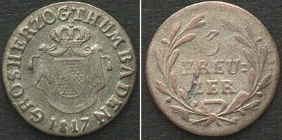 1817 German States BADEN 3 Kreuzer 1817 CARL LUDWIG FRIEDRICH billon VF+