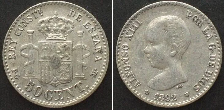 1892 SPAIN 50 Centimos 1892(92) ALFONSO XIII silver AU!