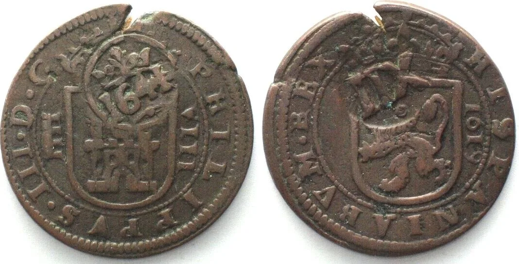 1641 SPAIN. 12 Maravedis 1641, countermarked 8 Maravedis 1619, Segovia mint, copper VF+