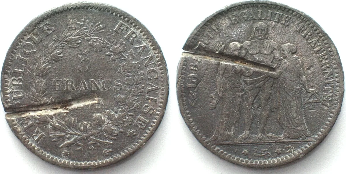 1873 FRANCE 5 Francs 1873 A, Contemporary counterfeit, lead/tin alloy EF
