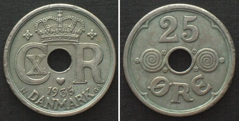 1935 DENMARK 25 Ore 1935, CHRISTIAN X, Cu-Ni, KEY DATE! XF EF