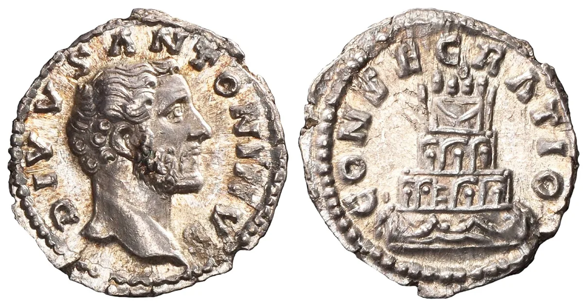 61 AD Antoninus Pius AR Denarius,  Funeral pyre in superb as struck condition