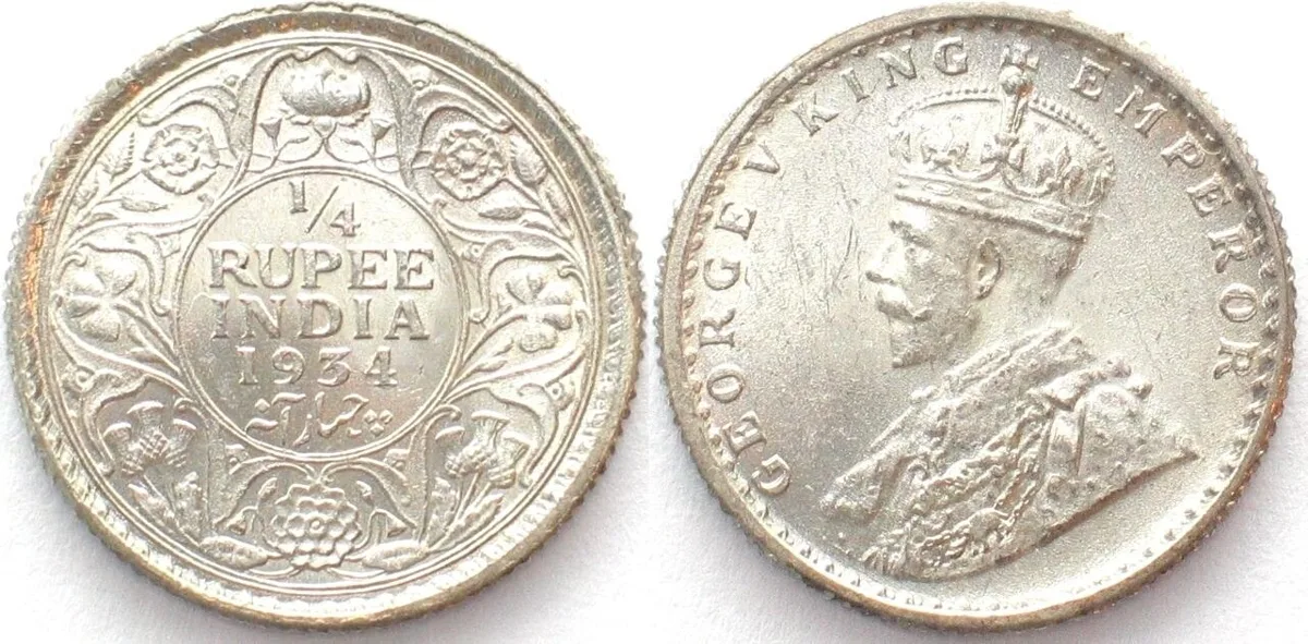 1934 BRITISH INDIA 1/4 Rupee 1934 GEORGE V silver BU!