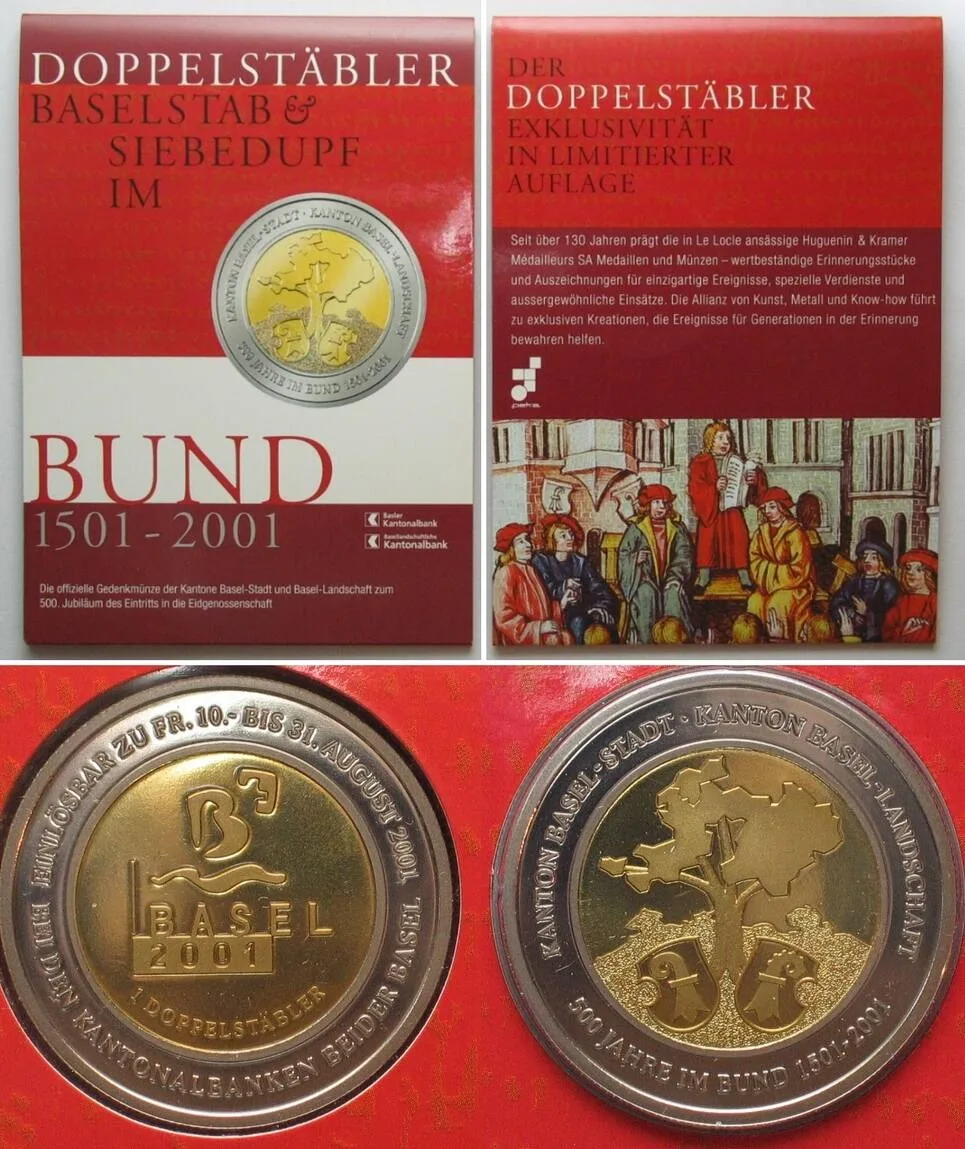 2001 Swiss BASEL 10 Francs (Doppelstabler) 2001 Bi-mettalic PROOF