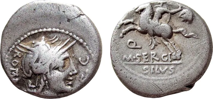 AR Denarius of M. Sergius Silus 116-115 BC., Soldier on horseback, holding sword