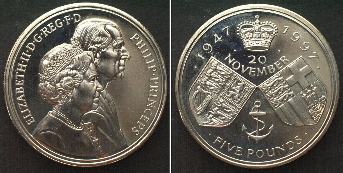1997 GREAT BRITAIN 5 Pounds 1997, GOLDEN WEDDING Cu-Ni Prooflike