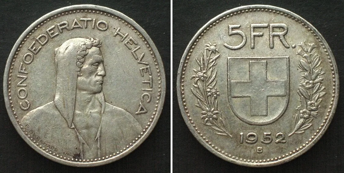 1952 SWITZERLAND. 5 Francs 1952 silver, KEY DATE! AU