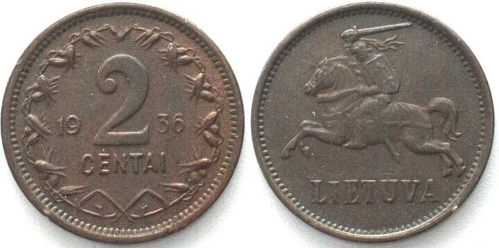 1936 LITHUANIA. 2 Centai 1936 bronze AU!