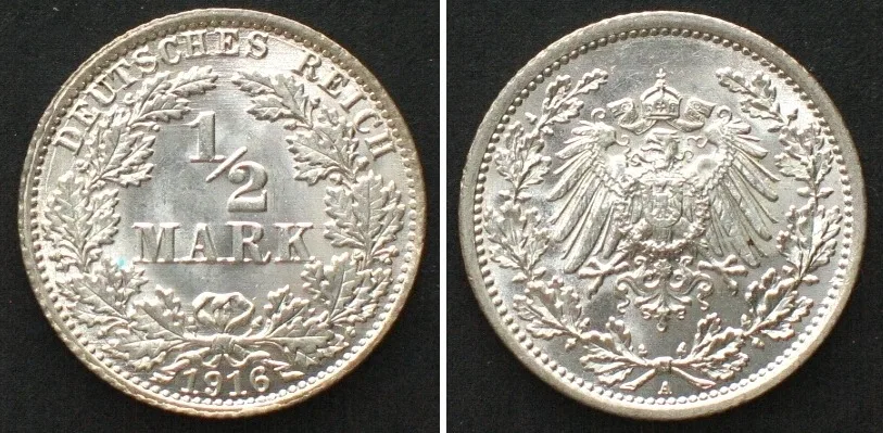 1916 Germany EMPIRE 1/2 Mark 1916 A, silver, SPECIMEN!!! EA
