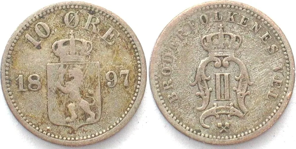 1897 NORWAY. 10 Ore 1897, OSCAR II, silver VF