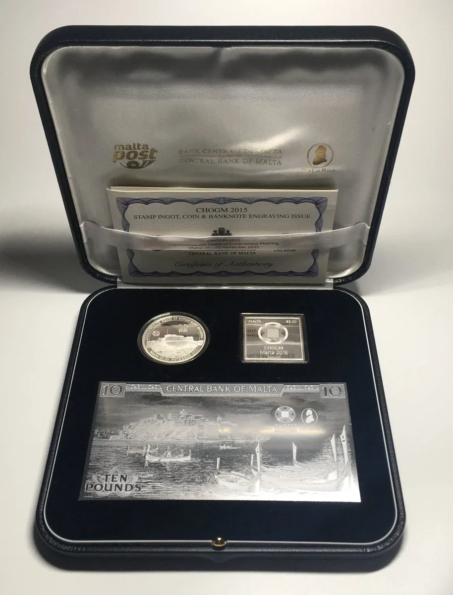 2015 MALTA 10 Euro 2015, CHOGM, Stamp Ingot, Coin & Banknote issue, silver, RARE! Proof