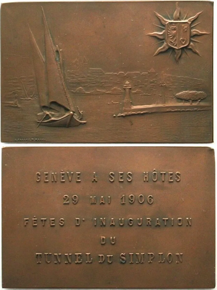 1906 GENEVE Bronze plaque 1906 SIMPLON TUNNEL by L. Vallot & Meroz 60x40mm UNC