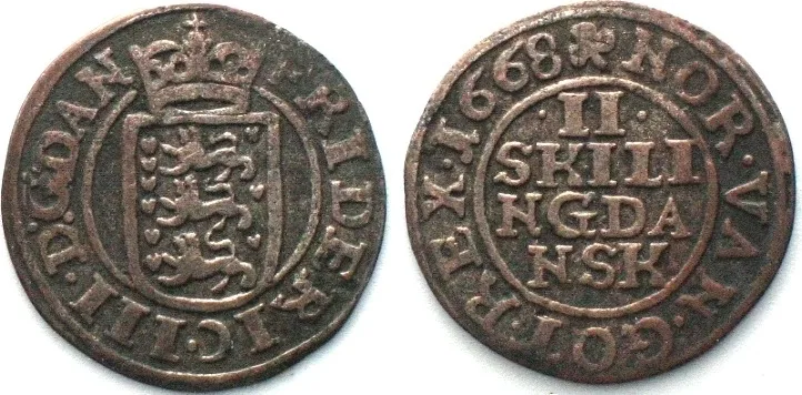 1668 DENMARK 2 Skilling 1668 FREDERIK III silver VF+