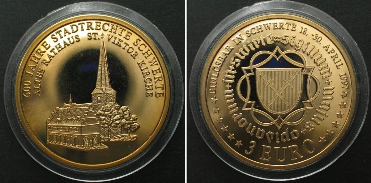 1997 Germany SCHWERTE 3 Euro 1997, 600th Town Anniversary, tombak 40mm, Proof