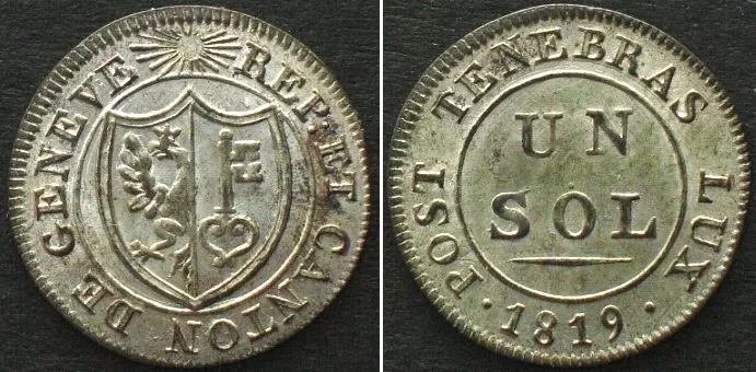1819 Swiss Cantons GENEVA Sol 1819 billon UNC!!!
