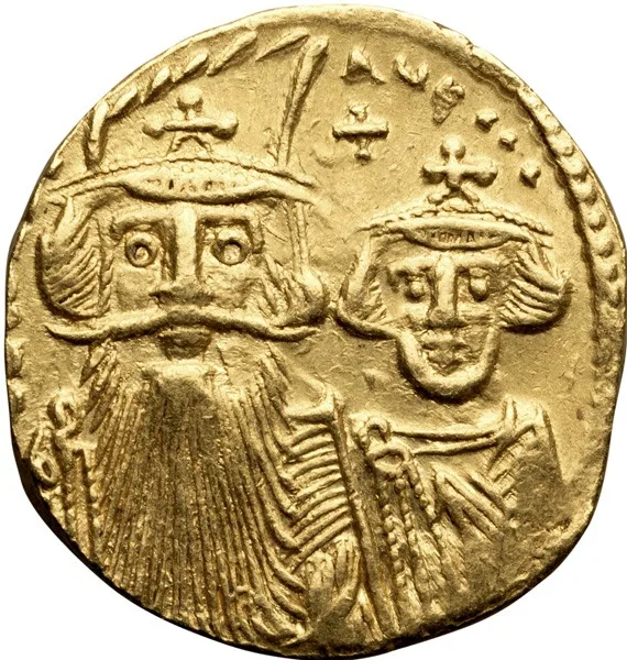 Constans II, with Constantine IV, Heraclius, and Tiberius. Solidus