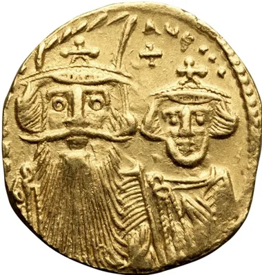 Constans II, with Constantine IV, Heraclius, and Tiberius. Solidus
