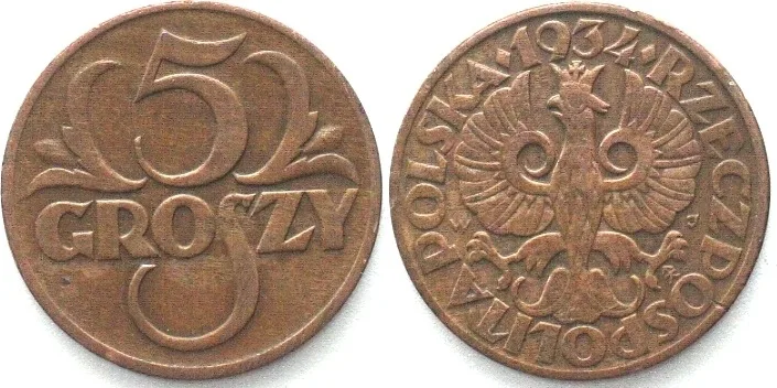 1934 POLAND. 5 Groszy 1934, bronze, KEY DATE! RARE!!! VF-EF