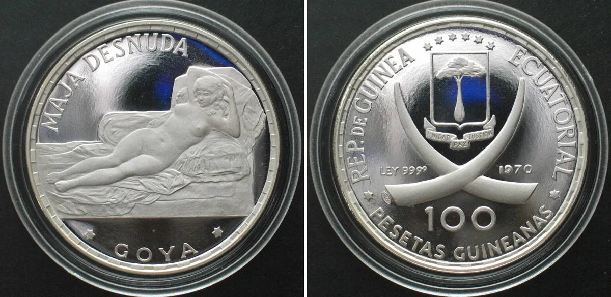 1970 EQUATORIAL GUINEA. 100 Pesetas 1970 Naked Maja GOYA silver Proof RARE! Proof