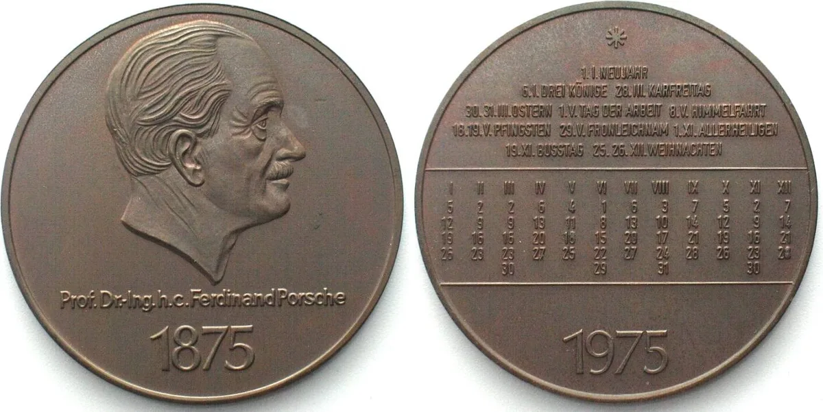 1975 PORSCHE Calendar medal 1975 FERDINAND PORSCHE bronze 40mm UNC