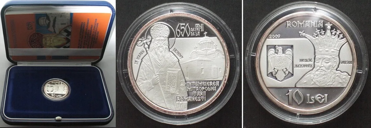 2009 ROMANIA 10 Lei 2009, 650 YEARS WALLACHIA'S METROPOLITAN BISHOPRIC, silver, RARE! Proof