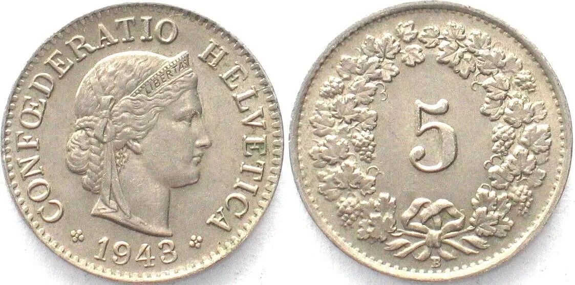 1943 SWITZERLAND 5 Rappen 1943 Cu-Ni UNC!