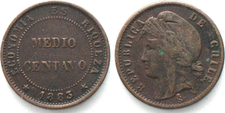 1883 CHILE. 1/2 Centavo 1883, copper VF+
